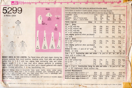 1970's McCall's Yoked Princess line Midi or Maxi Dress with Puff or Long pattern - Bust 34" - No. 5299