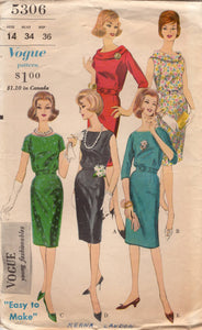 1960's Vogue Sheath Dress Pattern with Blouse Bodice and Rolled Collar - Bust 34" - No. 5306