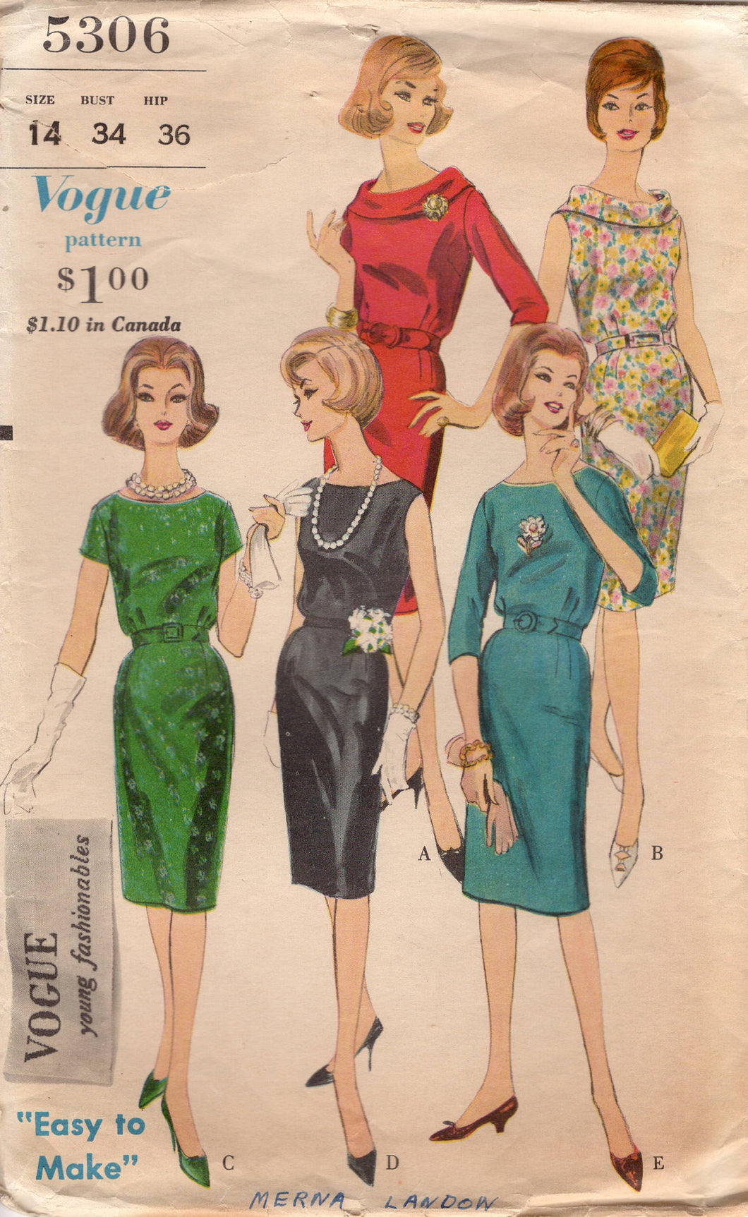 1960's Vogue Sheath Dress Pattern with Blouse Bodice and Rolled Collar - Bust 34