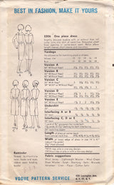 1960's Vogue Sheath Dress Pattern with Blouse Bodice and Rolled Collar - Bust 34" - No. 5306