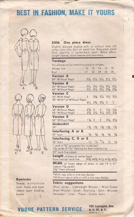 1960's Vogue Sheath Dress Pattern with Blouse Bodice and Rolled Collar - Bust 34" - No. 5306