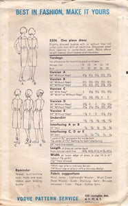 1960's Vogue Sheath Dress Pattern with Blouse Bodice and Rolled Collar - Bust 34" - No. 5306