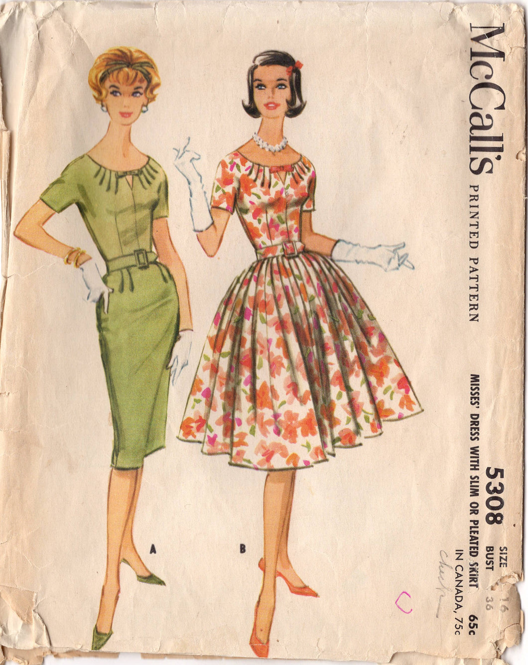 1960's McCall's One Piece Sheath or Fit and Flare Dress Pattern with Tucked and Keyhole Bodice Front - Bust 36