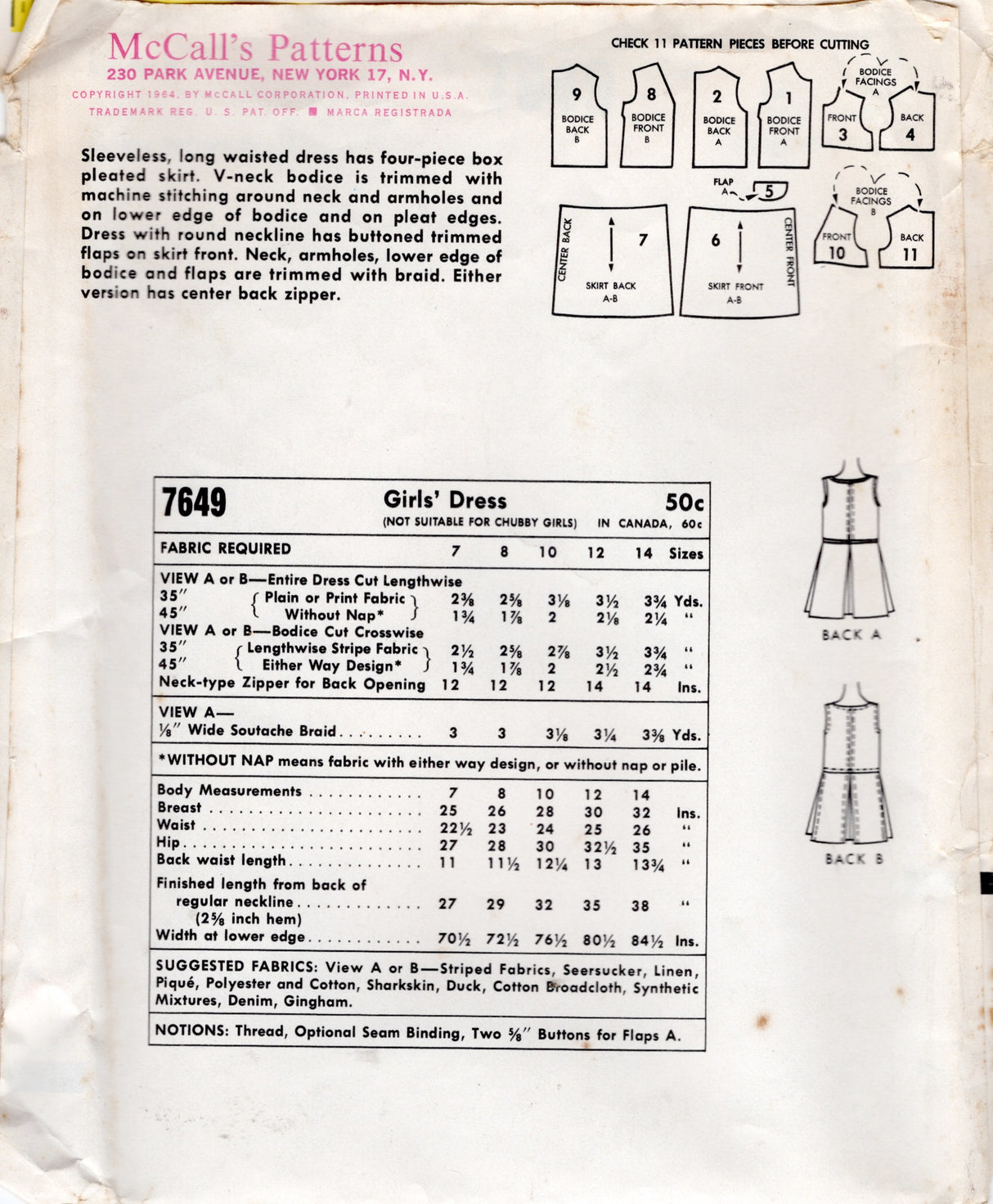 1970's McCall's Child's Dress or Jumpsuit pattern - Chest 23" - No. 5321