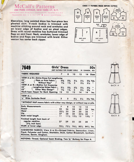 1970's McCall's Child's Dress or Jumpsuit pattern - Chest 23" - No. 5321