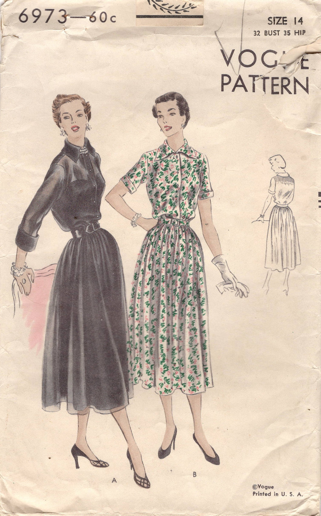 1950's Vogue One Piece Shirtwaist Dress with 3/4 sleeves or short sleeves - Bust 32