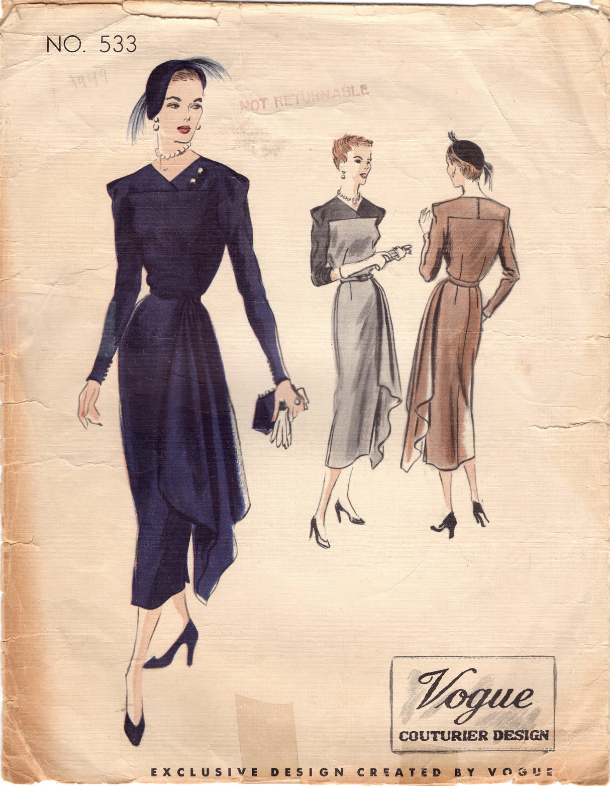 1940's Vogue Couturier One Piece Dress Cross Over Yoke and Draped Sheath Skirt - Bust 34" - No. 533