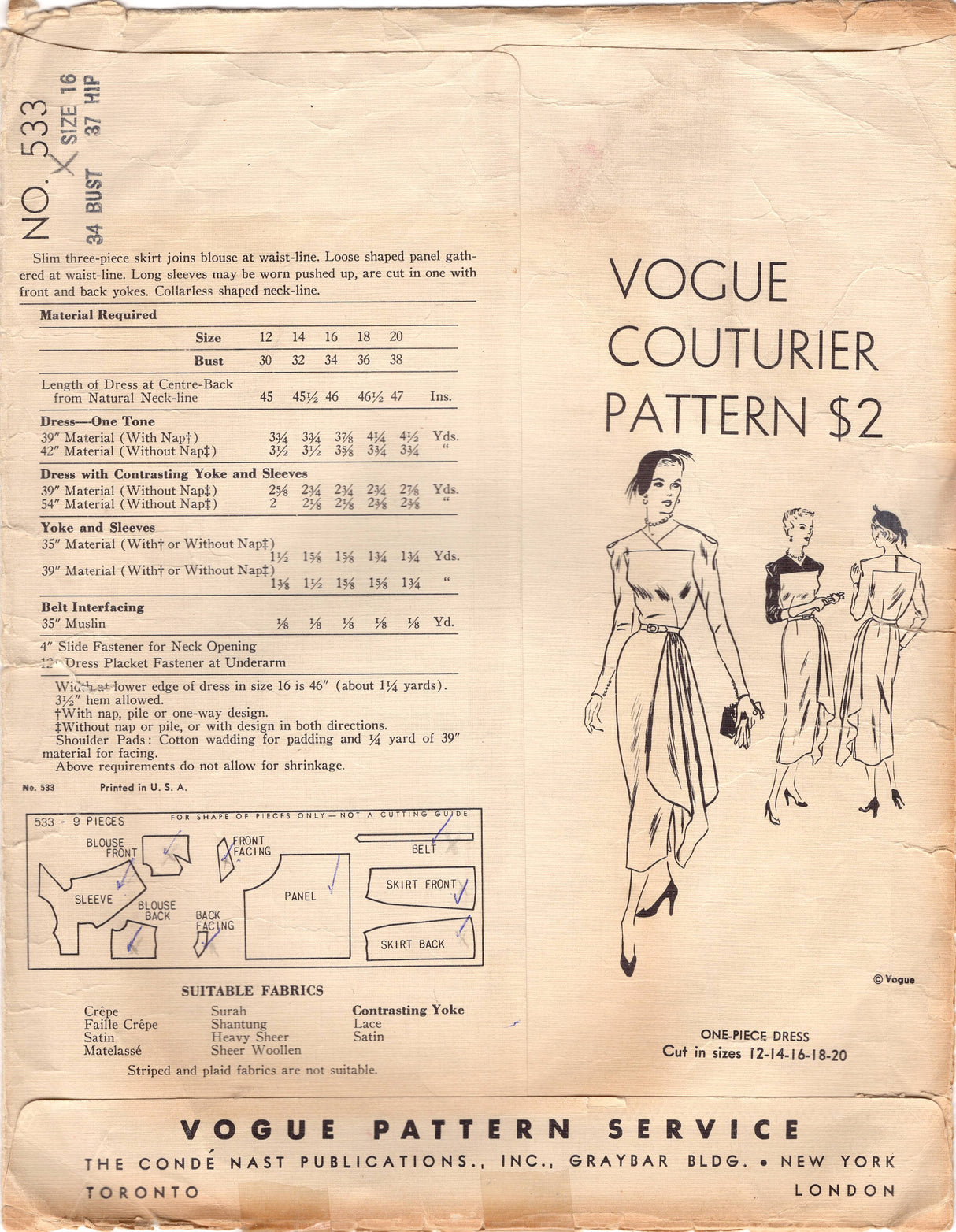 1940's Vogue Couturier One Piece Dress Cross Over Yoke and Draped Sheath Skirt - Bust 34" - No. 533