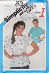 1980's Simplicity Pullover Shirt Pattern with Boat Neck - Bust 36-38" - No. 5345
