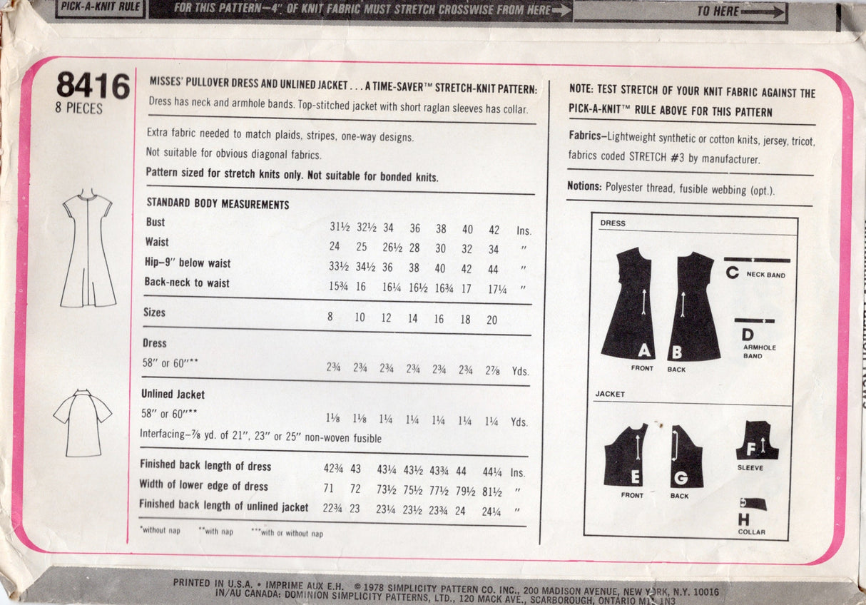1970's Simplicity Pullover Dress and Unlined Jacket Pattern- Bust 36-40" - No. 8416