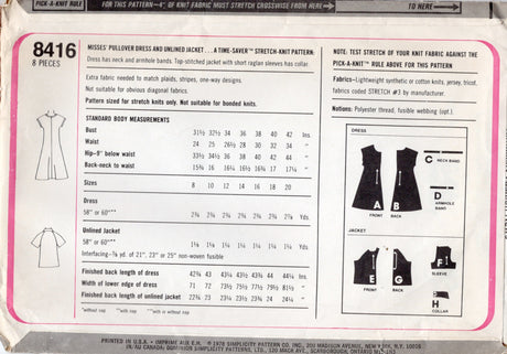 1970's Simplicity Pullover Dress and Unlined Jacket Pattern- Bust 36-40" - No. 8416