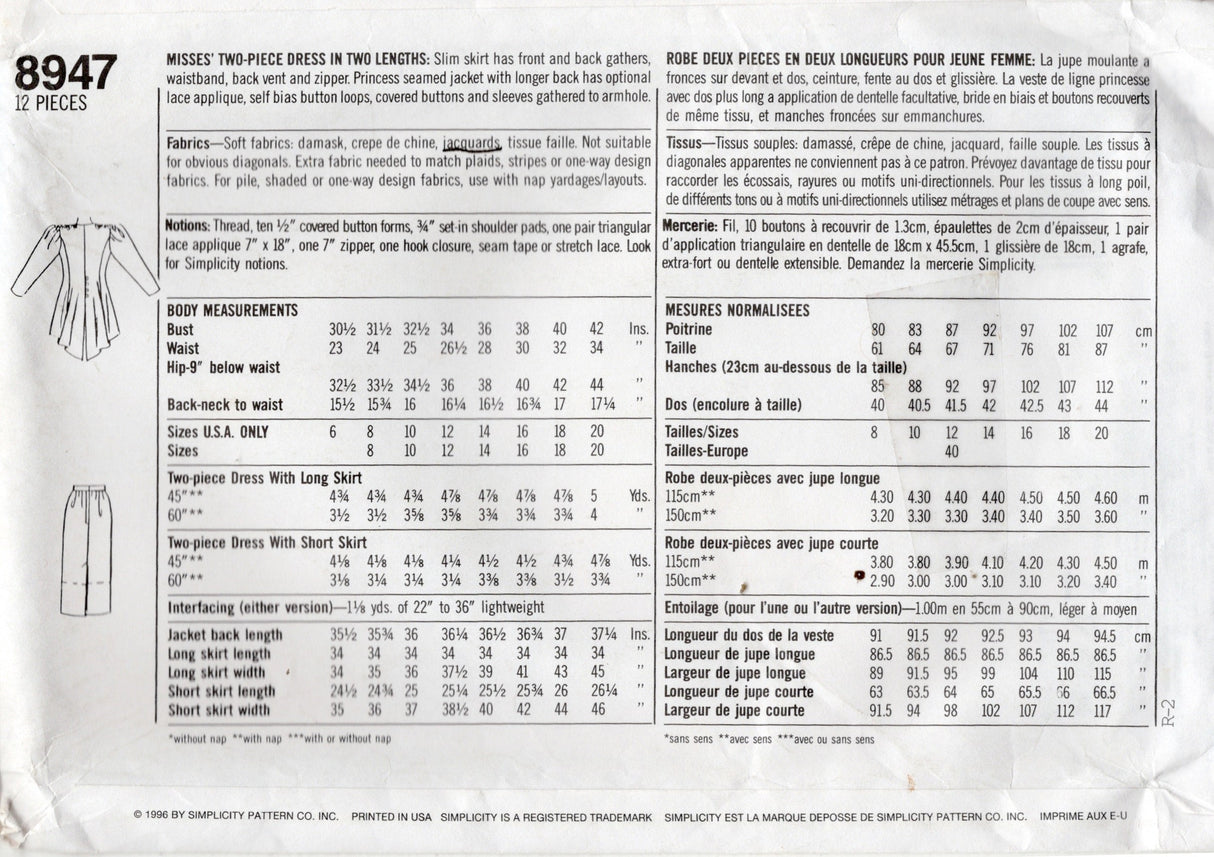 1990's Simplicity GUNNE SAX Two Piece Dress Pattern - Bust 36" - No. 8947