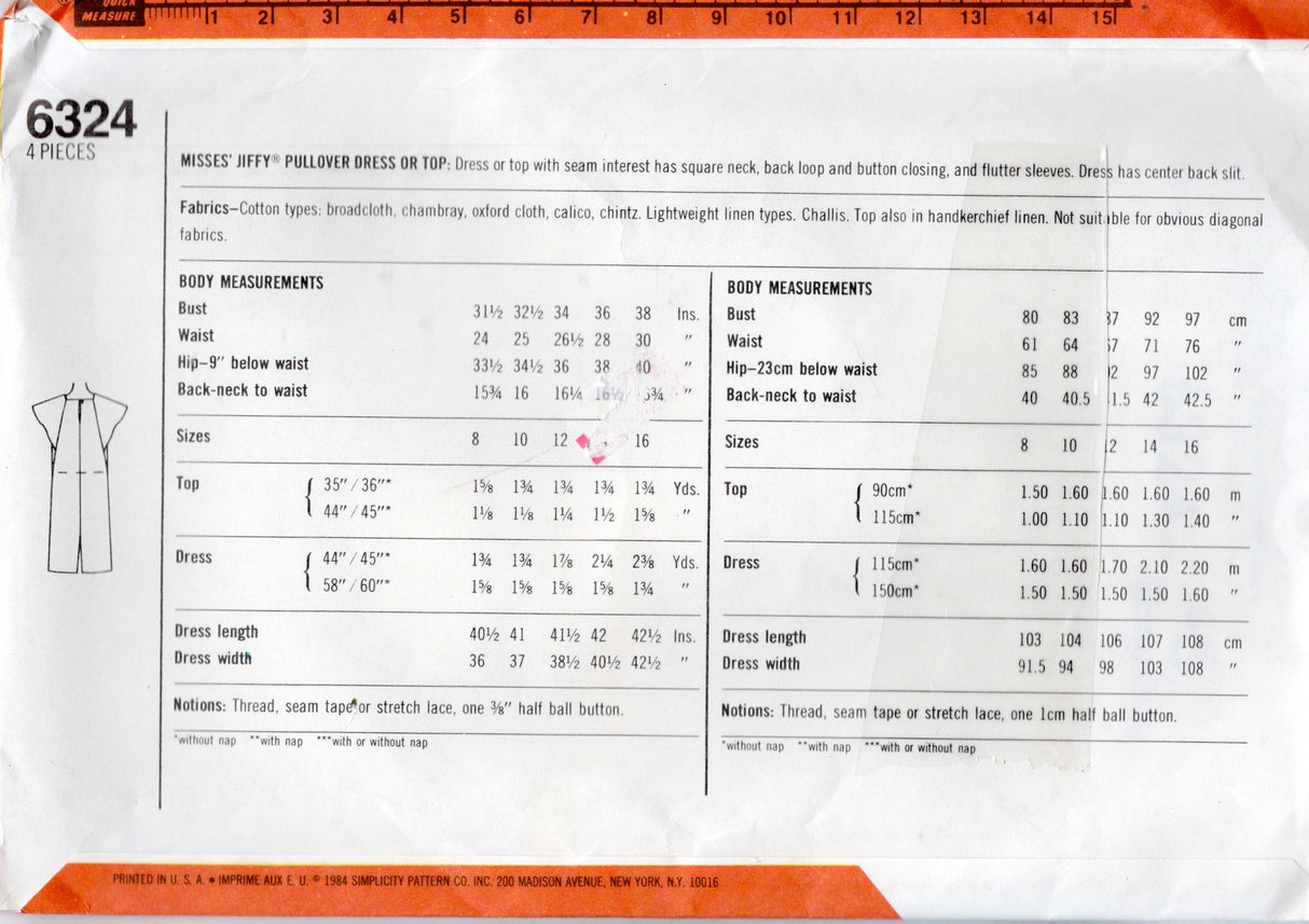 1980's Simplicity Pullover Dress Pattern with Flutter Sleeves - Bust 34-38" - No. 6324