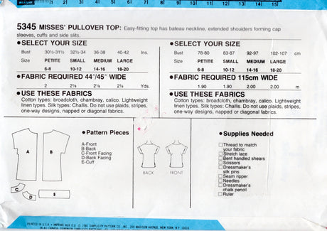 1980's Simplicity Pullover Shirt Pattern with Boat Neck - Bust 36-38" - No. 5345
