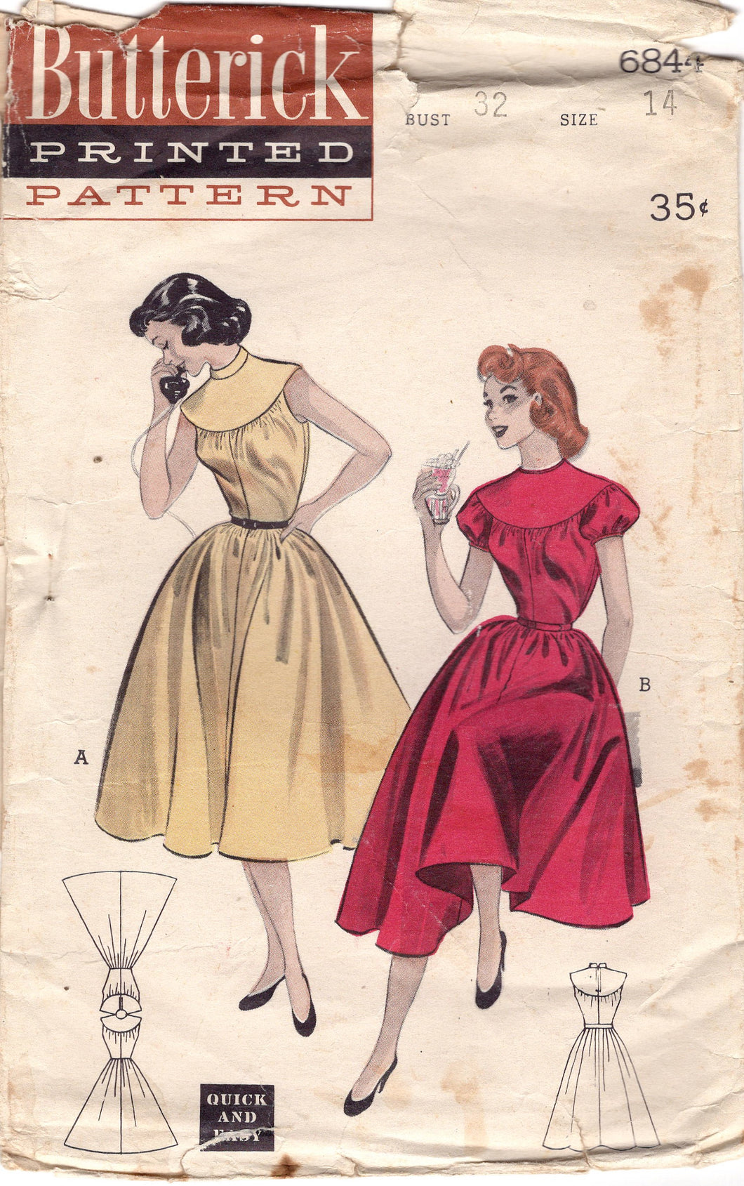 1950's Butterick One-Piece Fit and Flare Dress Pattern with Large Yoke and Puff Sleeve - Bust 32