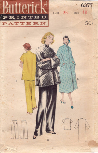 1950's Butterick Two Piece Pajama Pattern and Robe with Mandarin Collar - Bust 36