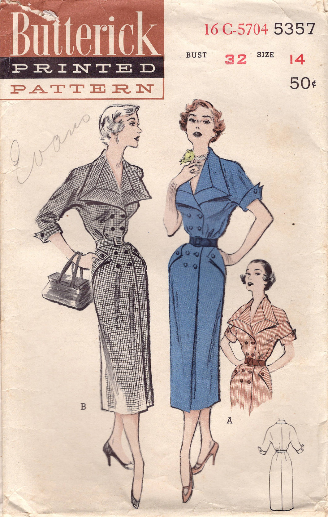 1950's Butterick Double Breasted Dress with Large Collar and Cuffs - Bust 32