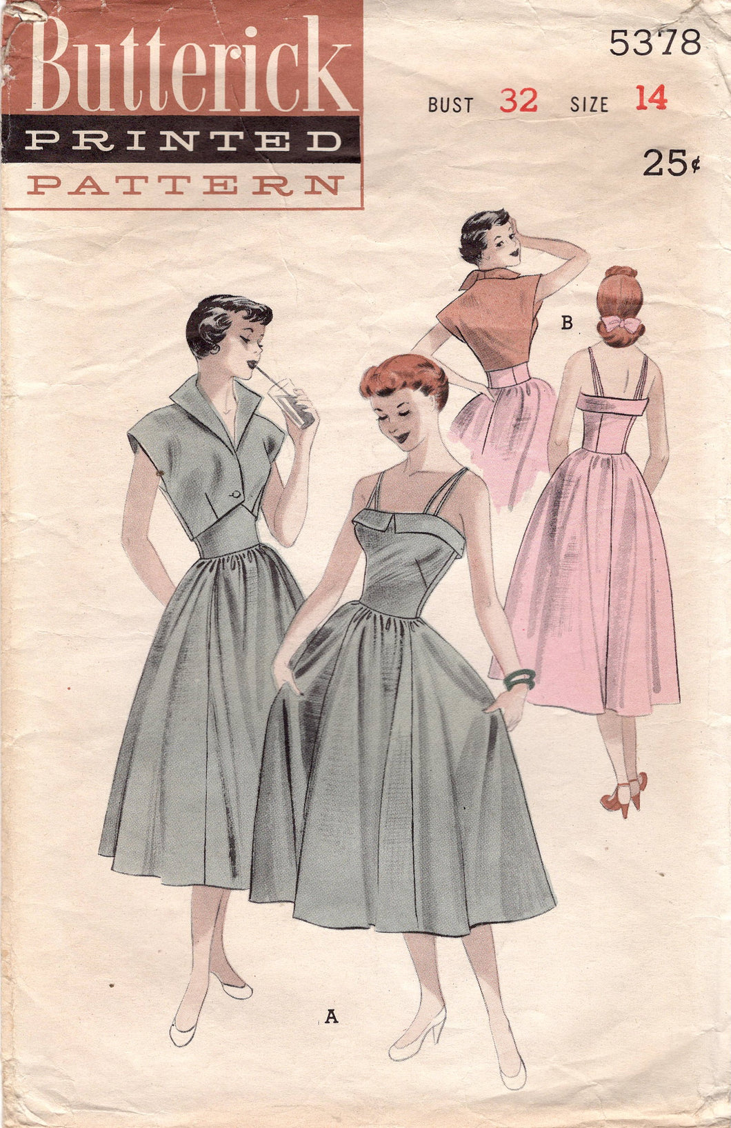 1950’s Butterick One Piece Sundress with Thin Straps and Bolero Pattern with tall collar - Bust 32” - No. 5378