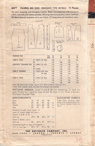 1950's Butterick Two Piece Pajama Pattern and Robe with Mandarin Collar - Bust 36" - No. 6377