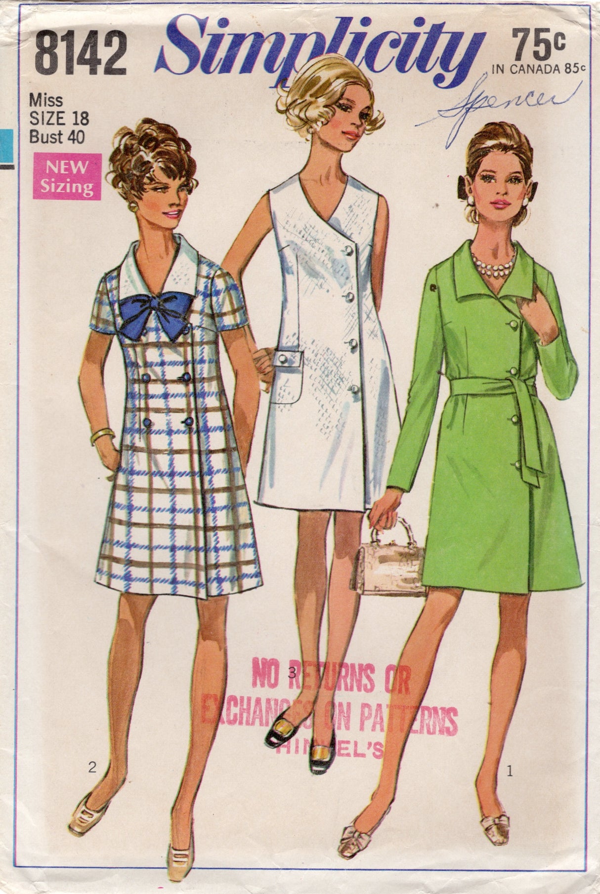 1960's Simplicity Single or Double Breasted Side Button Front Dress Pattern - Bust 40" - No. 8142