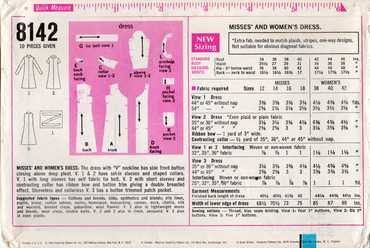 1960's Simplicity Single or Double Breasted Side Button Front Dress Pattern - Bust 40" - No. 8142