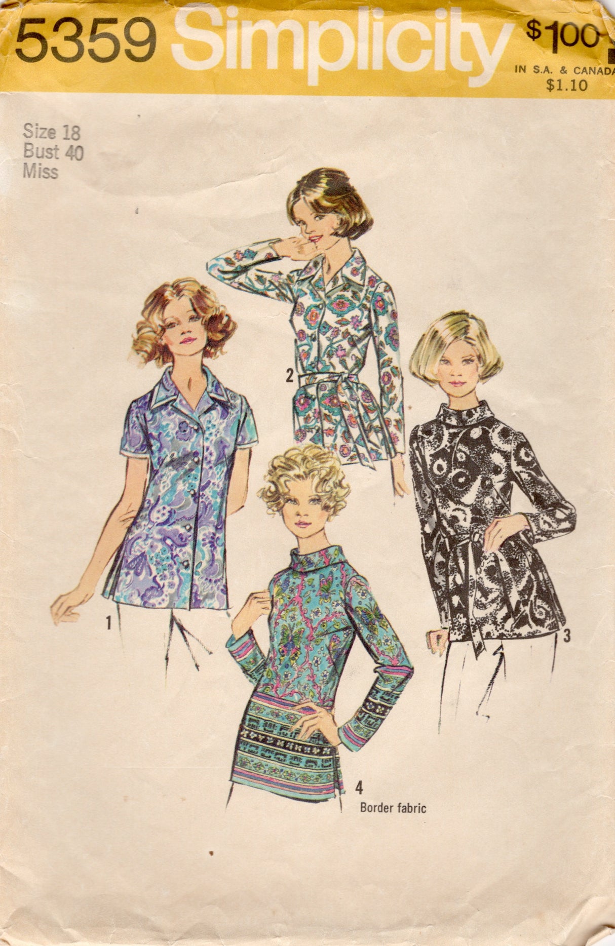 1970's Simplicity Button Up or Pullover Blouse Pattern - Bust 40" - No. 5359