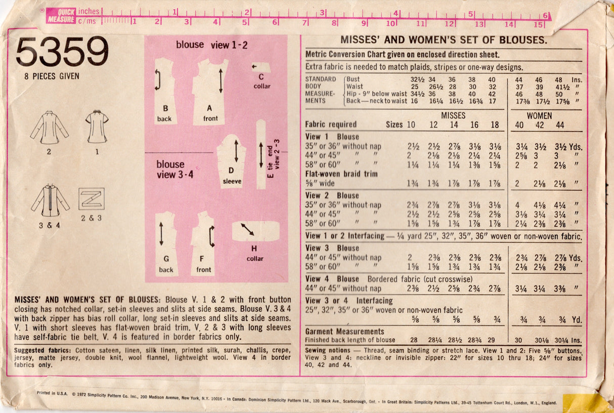 1970's Simplicity Button Up or Pullover Blouse Pattern - Bust 40" - No. 5359