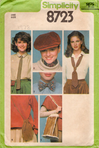 1970's Simplicity Accessory Pattern: Tie, Bow Tie, Bags and Hat Pattern - One Size - No. 8723