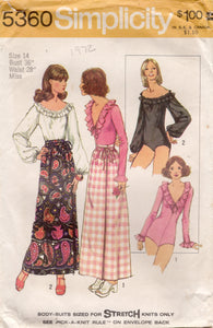 1970's Simplicity Set of Two Bodysuits with long sleeves and Wrap Skirt Pattern - Bust 36" - No. 5360