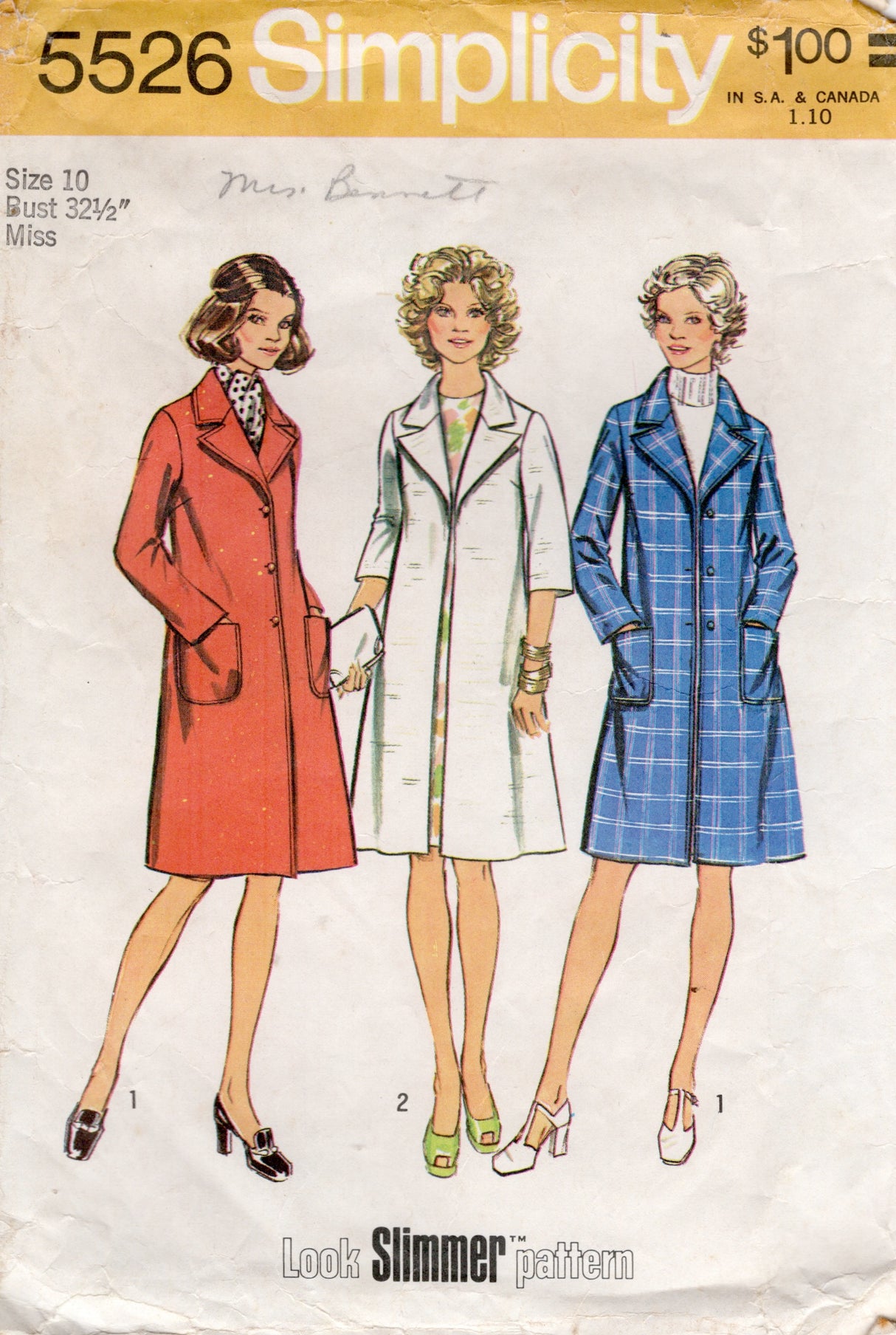 1970's Simplicity Single Breasted Coat Pattern - Bust 32.5" - No. 5526