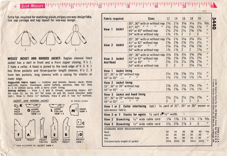 1960's Simplicity Jacket with or without Hood Pattern - Bust 32" - No. 5440
