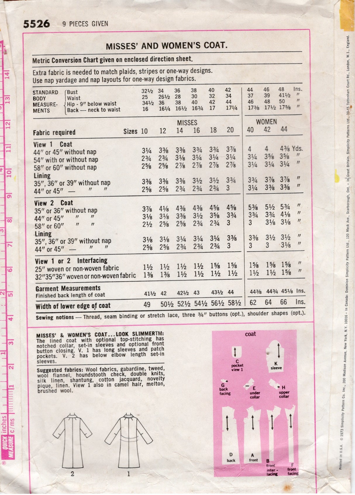 1970's Simplicity Single Breasted Coat Pattern - Bust 32.5" - No. 5526