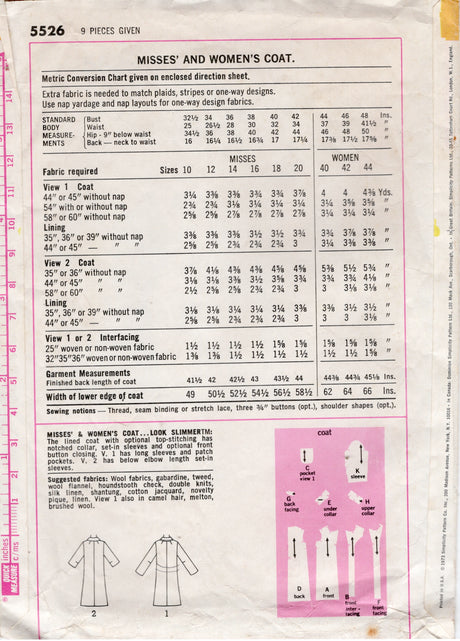 1970's Simplicity Single Breasted Coat Pattern - Bust 32.5" - No. 5526