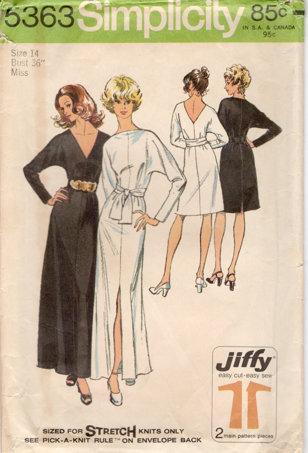 1970's Simplicity Simple-To-Sew Misses' Jiffy Dress in Two Lengths and Sash - Bust 36