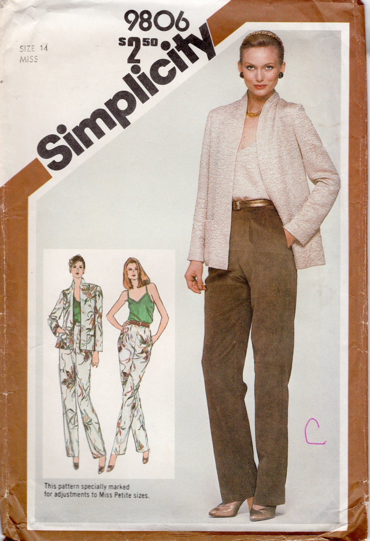 1980's Simplicity Camisole, Tapered Pants, and Unlined Jacket pattern - Bust 36" - No. 9806