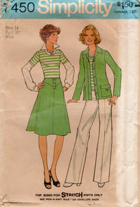 1970's Simplicity Unlined Jacket, Top, Yoked Skirt and Wide Leg pants Pattern - Bust 36" - No. 7450
