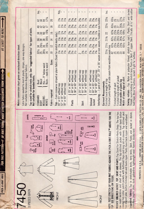 1970's Simplicity Unlined Jacket, Top, Yoked Skirt and Wide Leg pants Pattern - Bust 36" - No. 7450