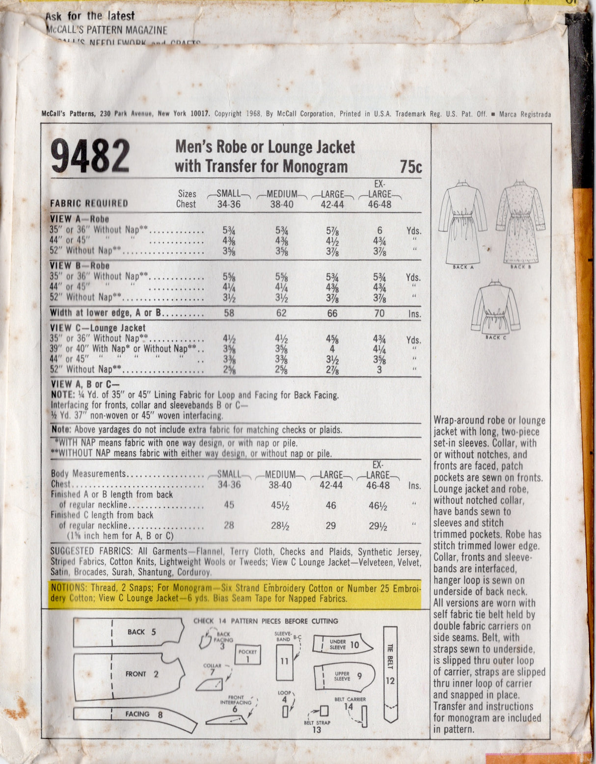 1960's McCall's Men's Robe or Lounge Jacket Pattern and Monograms - Chest 46-48" - No. 9482