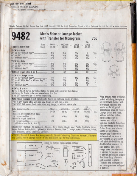 1960's McCall's Men's Robe or Lounge Jacket Pattern and Monograms - Chest 46-48" - No. 9482