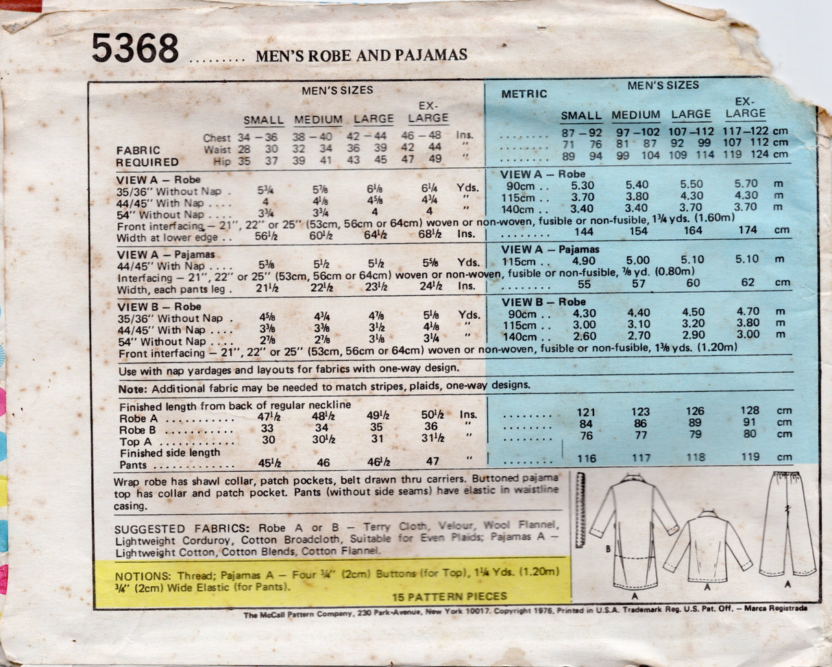 1970's McCall's Men's Robe and Pajama Pattern - Chest 42-44" - No. 5368
