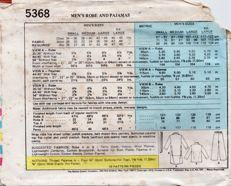 1970's McCall's Men's Robe and Pajama Pattern - Chest 42-44" - No. 5368
