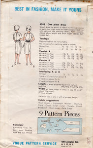 1960's Vogue Sheath Dress Pattern with Chest Pockets - Bust 34" - No. 5383