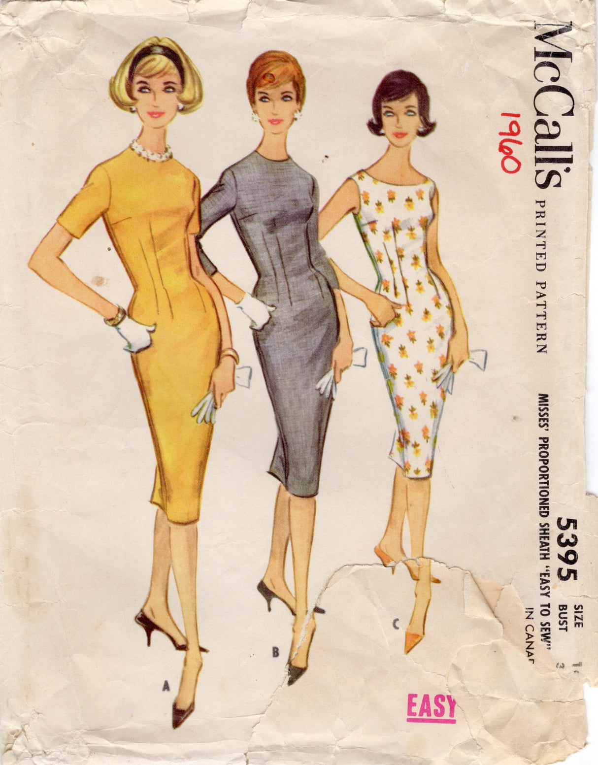 1960's McCall's Sheath Dress pattern with Two neckline options - Bust 36" - No. 5395