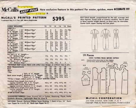 1960's McCall's Sheath Dress pattern with Two neckline options - Bust 36" - No. 5395