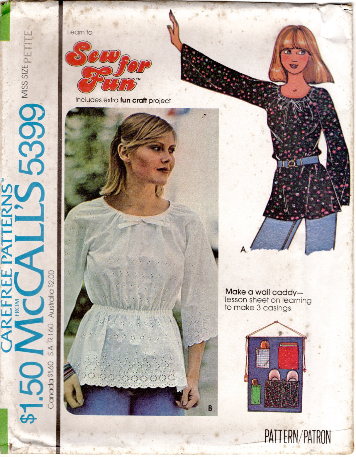 1970's McCall's Pullover Blouse with Raglan Sleeves and Wall Caddy Craft Pattern - Bust 30.5-31.5" - No. 5399