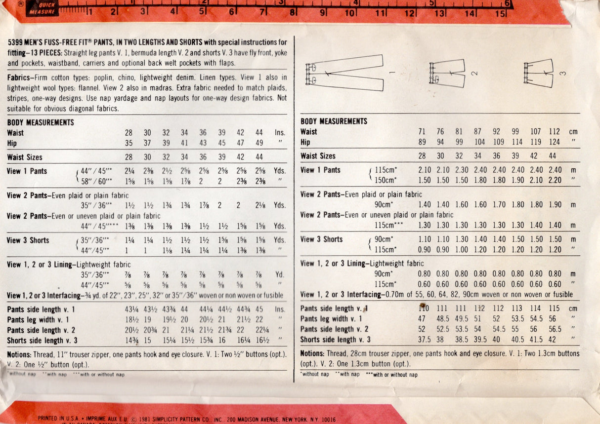 1980's Simplicity Men's Pants or Shorts Pattern - Waist 42" - No. 5399