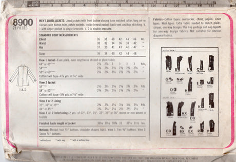 1970's Simplicity Men's Single Breasted Jacket Pattern - Chest 46" - No. 8900