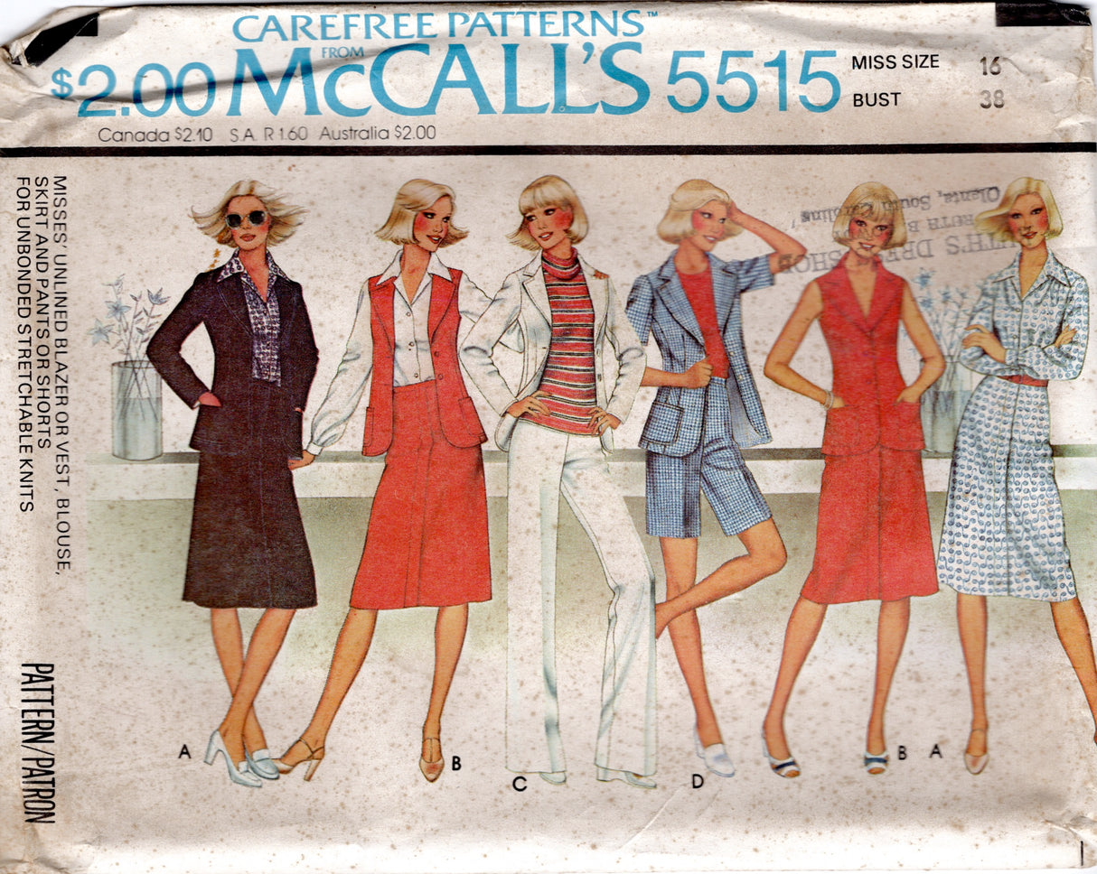 1970's McCall's Unlined Jacket or Vest, Blouse, Skirt, High Waisted Pants or Shorts Pattern - Bust 32.5-38" - No. 5515