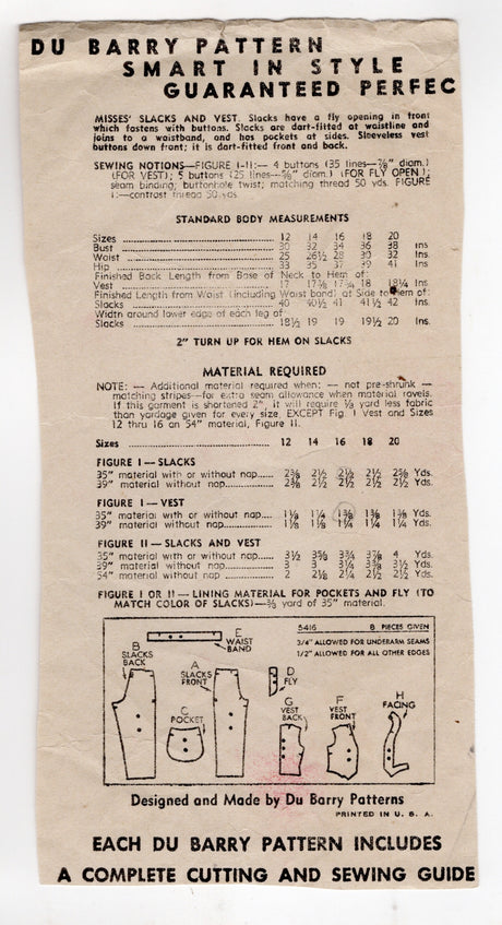 1940's DuBarry Slacks and Vest Pattern - Bust 34" - No. 5416