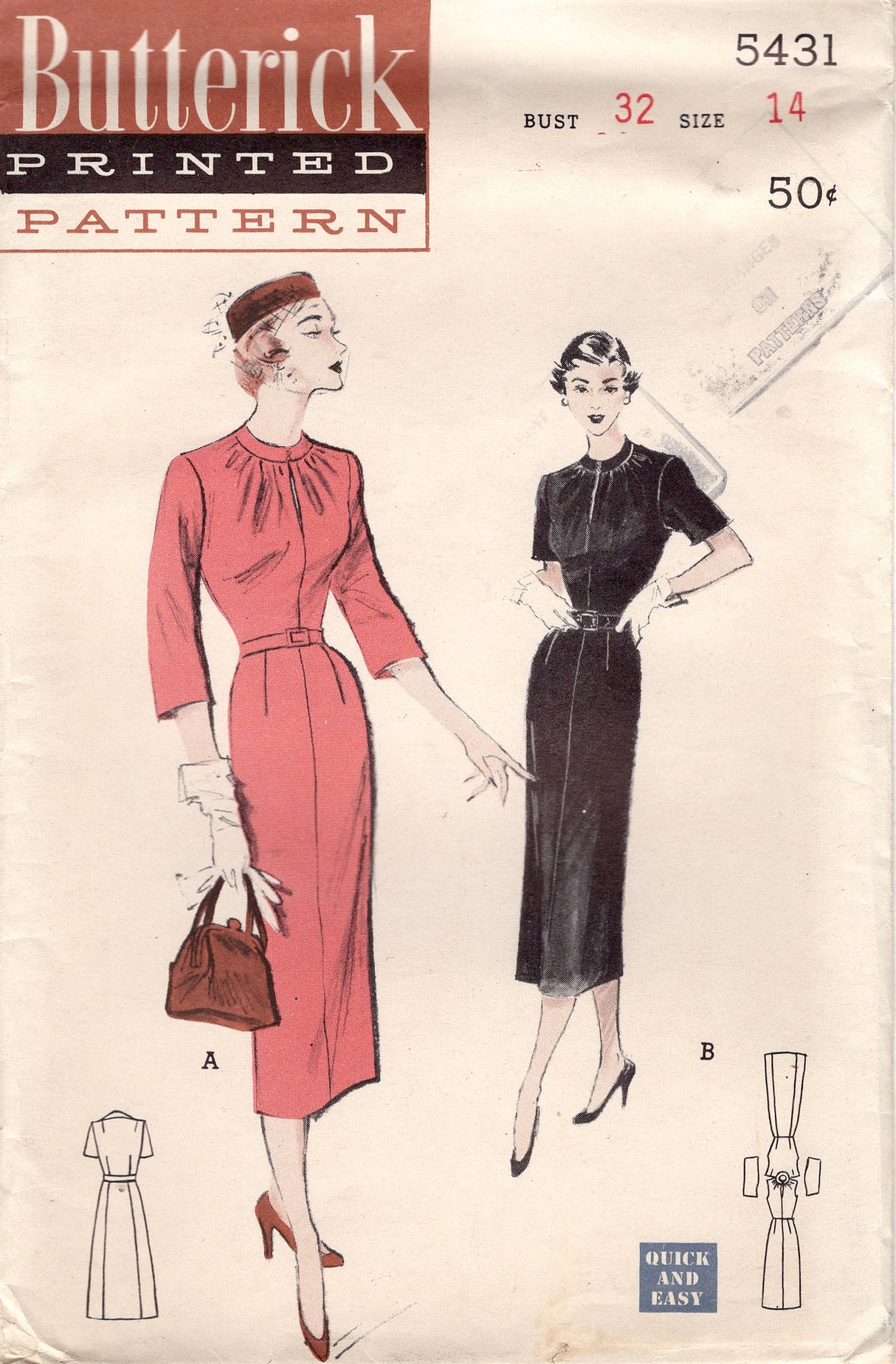 1950's Butterick Sheath Dress Pattern with Slit Neckline and Banded Neckline - Bust 32" - No. 5431